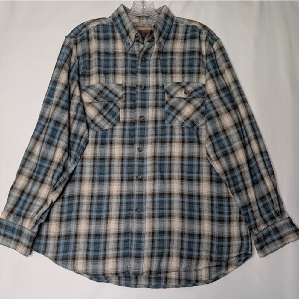 OUTDOOR LIFE- mens plaid button down blue/brown flannel shirt large cabincore
